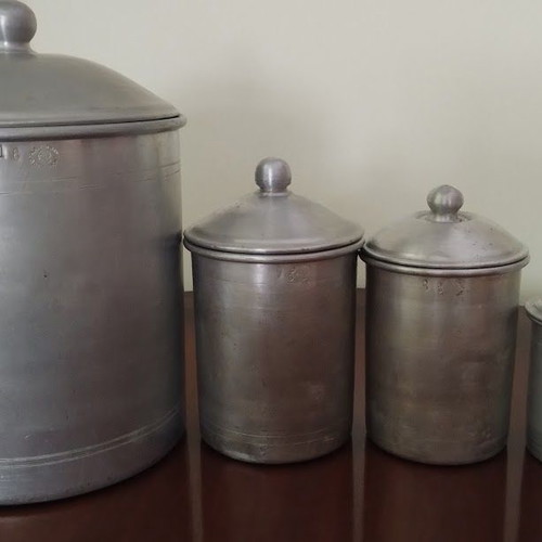 Aluminum storage containers used, set of four vintage decorative pieces