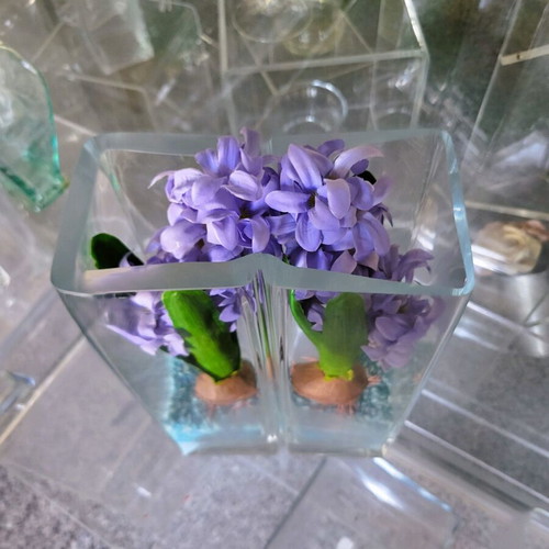 Double Glass Vase with Artificial Hyacinths like new