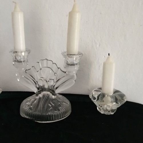 Glass candlestick set like new with candles