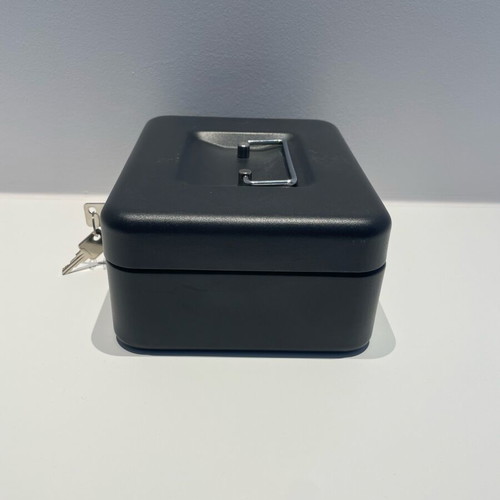 Portable cash box with 2 keys like new, metal, black matte