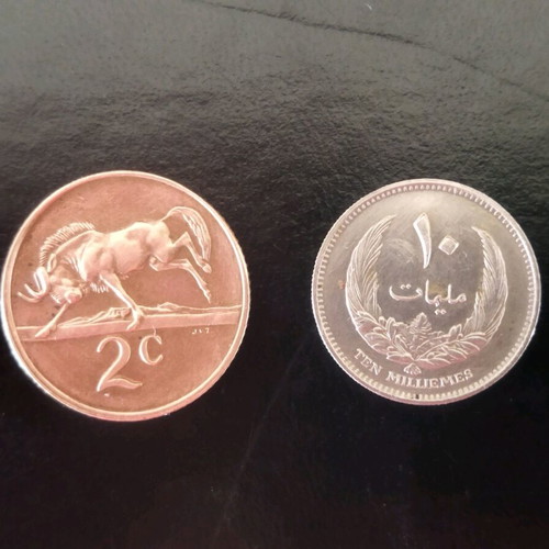 South Africa 2 Cents and Libya 10 Milliemes coins like new