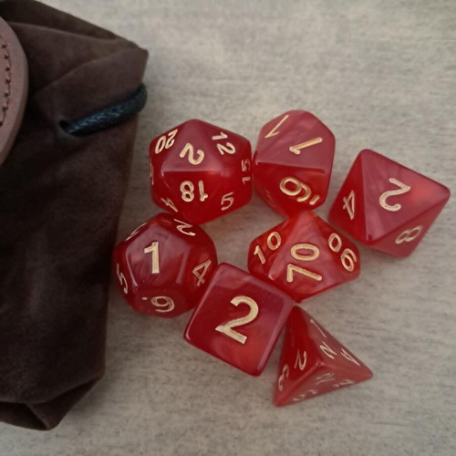 Runic leather dice bag with red marbled D&D dice set
