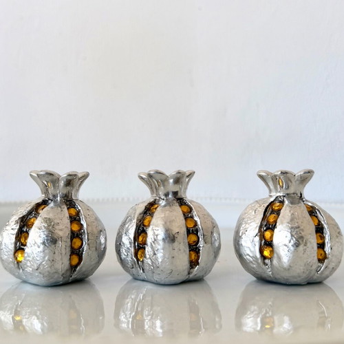 Set of 3 decorative pomegranate miniatures silver with crystals and tassel new