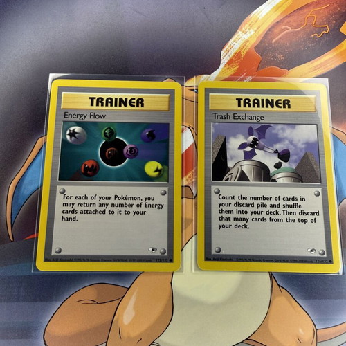 Pokemon Energy Flow and Trash Exchange Trainer Cards, Vintage Gym Heroes
