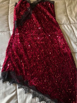 Red dress with rhinestones asymmetrical like new, lace hem