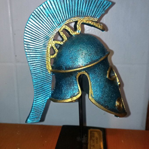 Corinthian Helmet Figurine handmade, painted in blue patina, new