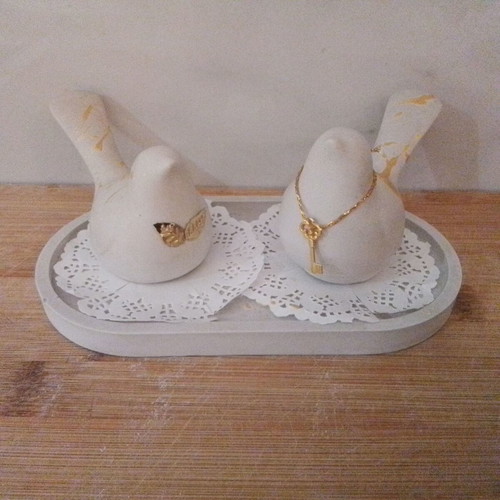 Plaster Birds New, Set of 2, 11cm with Gold Decorations