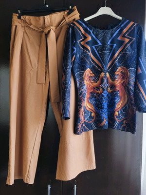 Leather wide-leg 3/4 pants set beige-apricot and patterned blouse used
