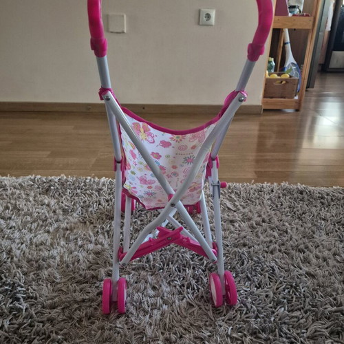 Doll Stroller in Pink with Flowers and Baby New
