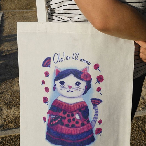Spanish cat tote bag, polyester, shoulder strap