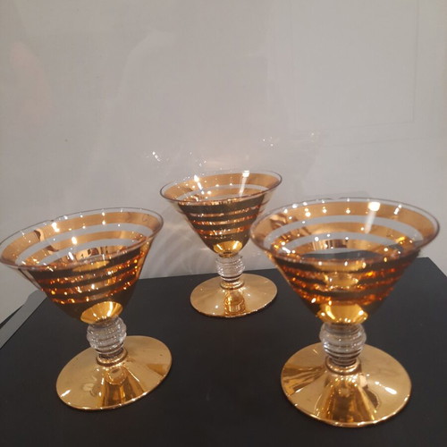 Vintage cocktail or sherbet glasses used, 1920-1950, gold stripes, ribbed stem