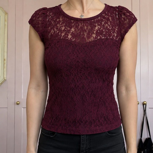 Toi&moi Whimsical Romantic Eggplant Purple Lace Overlay Top M