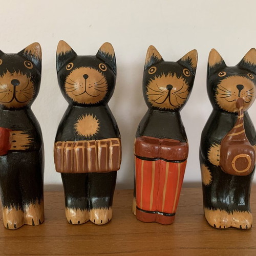Wooden cat orchestra handmade, new, set of four figurines