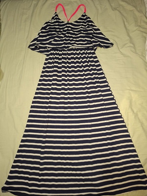 Long striped dress like new, navy and white with pink straps