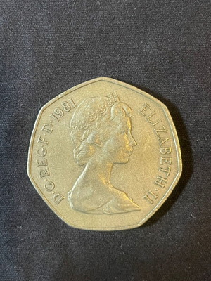 British 50 Pence Coin 1981 used with Elizabeth II & Britannia design