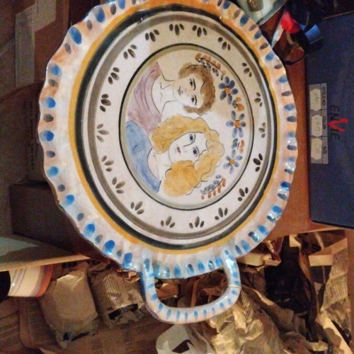 Handmade ceramic platter with two handles, like new, folk art