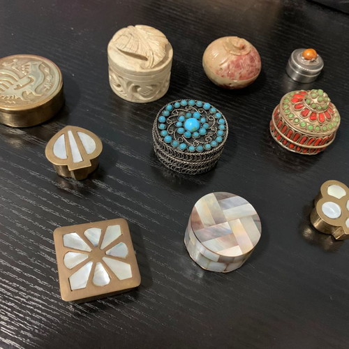 Vintage pill boxes used, pack of 10 with carved stone and semi-precious stones