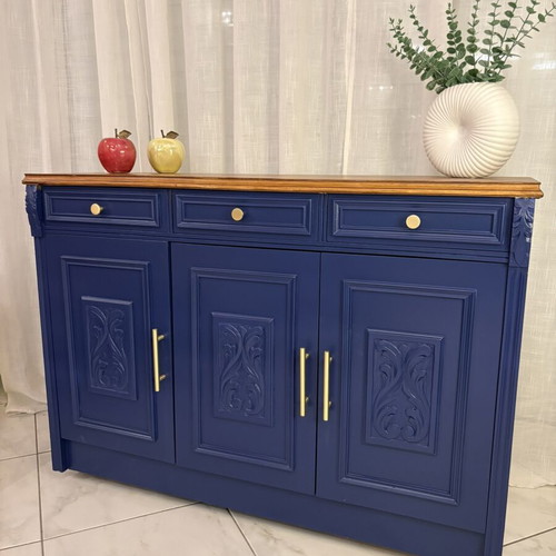 Modern classic buffet used, navy blue and natural wood