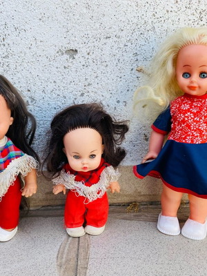 Old dolls used, set of 3, heights 30cm, 25cm, 20cm