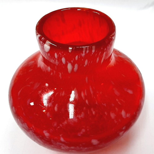 Ruby Red Glass Vase 1980s like new, white drops, 11 cm