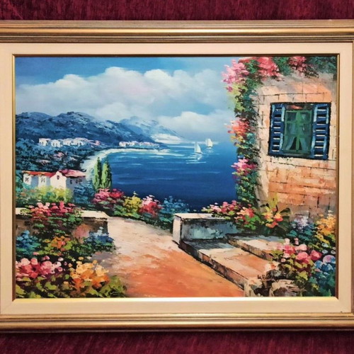 Signed painting House by the Sea on canvas like new with frame