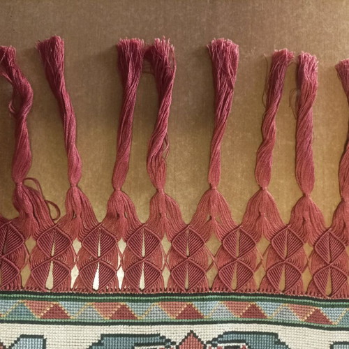 Hand-embroidered table runner hand-stitched new with macrame