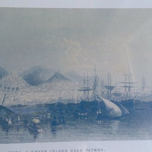 Vintage Syros lithograph engraving in wooden black lacquer frame