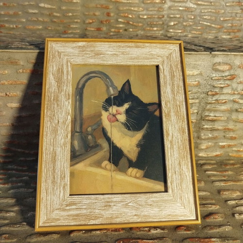 Framed Cat at the Faucet Picture 13x18 cm Vintage Kitchen Decor
