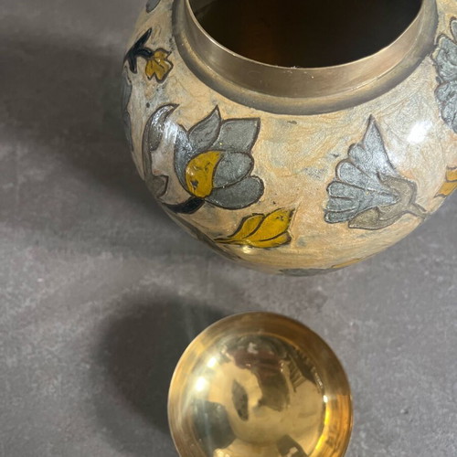 Vintage brass ginger jar with cream enamel and hand-painted motifs like new
