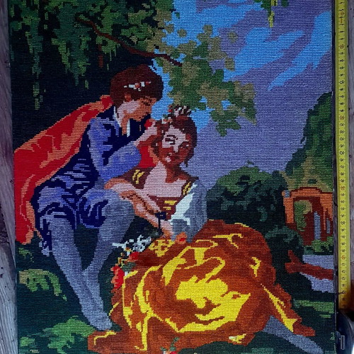 Χειροποίητο vintage κέντημα γκομπλέν με ρομαντική σκηνή εποχής, 56,5 x 44,5 εκ.