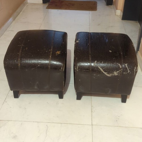 Wooden stools used, wenge wood, leather worn, set of 2