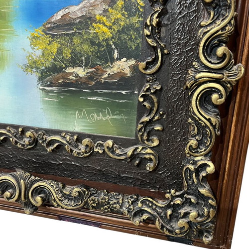 Vintage signed painting with carved frame used 80x130 with damage