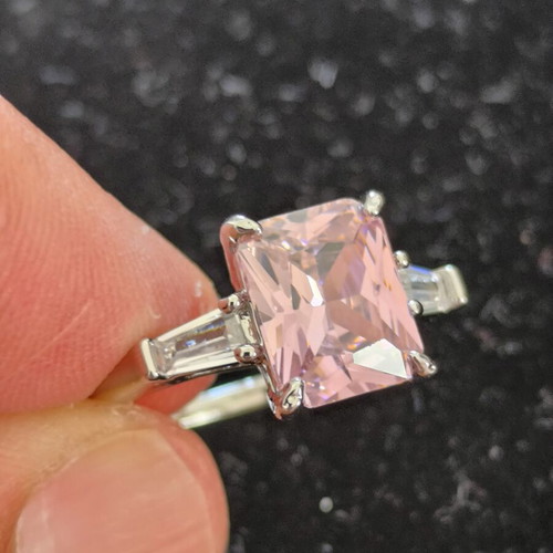 Ring with Pink Rectangular Stone and Baguette Side Stones new