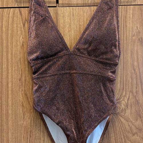 One-piece swimsuit new, shiny chocolate color, adjustable straps, size S/M