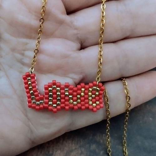 Steel necklace love with miyuki made to order, red and gold