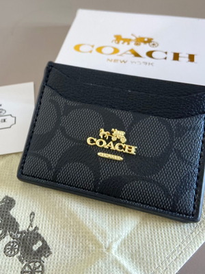 Coach card holder wallet, black and grey signature canvas