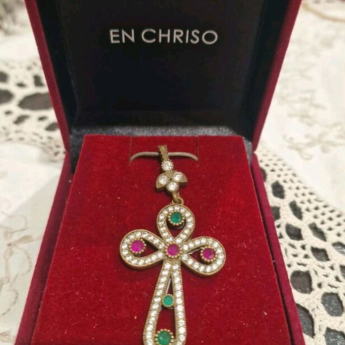 Vintage Silver Cross with Emeralds and Rubies like New