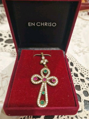 Vintage Silver Cross with Emeralds and Rubies like New