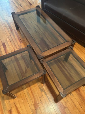 Wooden coffee table set with glass, 3 pieces