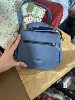 Denim-effect shoulder bag with multiple compartments