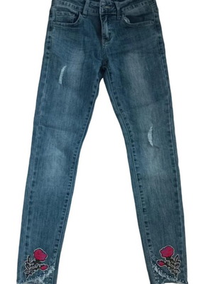 Γυναικείο denim jeans παντελόνι στενή γραμμή με κέντημα, στρας και κρόσια, σαν καινούργιο
