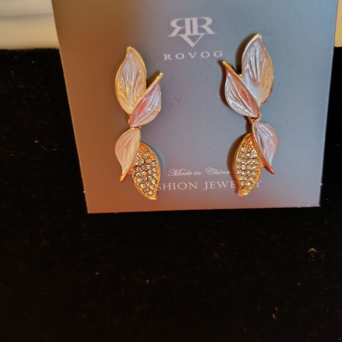 Rovog women's earrings new, leaf design with gold and rhinestones