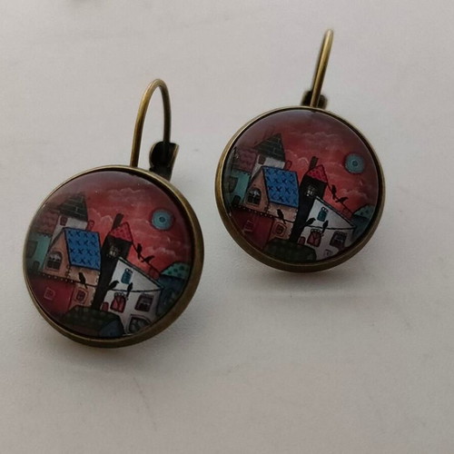 Handmade earrings with painted landscape, like new