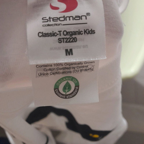 T-shirt white with black cat and logo, kids size medium, new