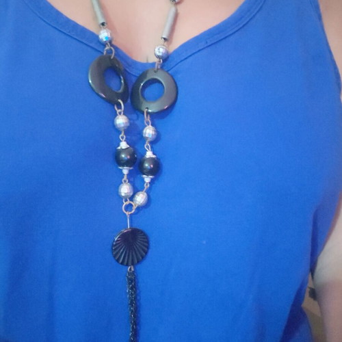 Black silver long necklace with elements like new