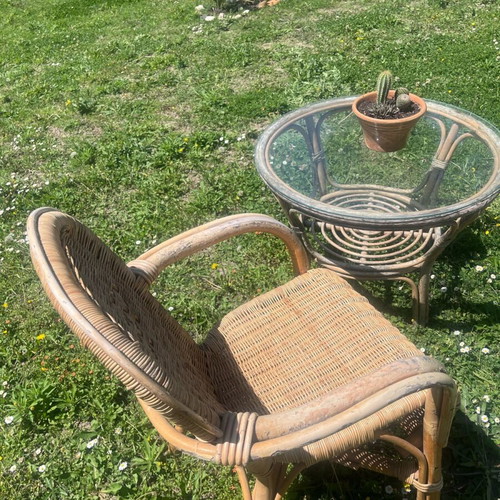 Bamboo table with glass and used armchair set