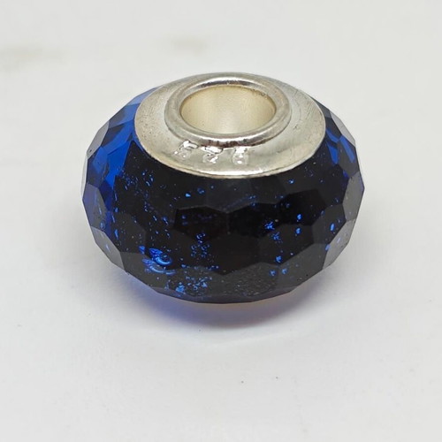 Murano glass charm bead with 925 silver ring in blue, like new