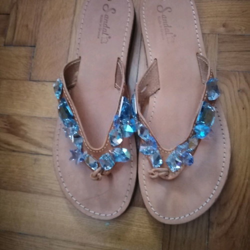 Handmade women's sandals like new, genuine leather, beige with blue stones, size 40-41