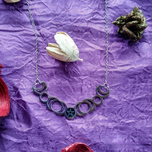 Moon Phase and Star Necklace new, silver stainless steel
