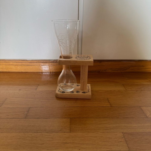 Beer glass like new, hourglass type with wooden base
